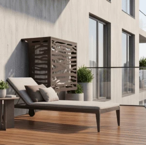 Jungle vue 2 Outdoor air-conditioning cover, wall-mounted, Jungle motif, sepia-brown finish.