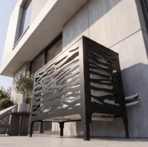 jungle sol 2 Outdoor air-conditioning cover, wall-mounted with Jungle motif, deep black finish.