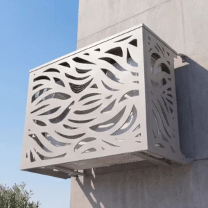Cache climatiseur extérieur, fixation murale au motif Brise, finition gris aluminium.