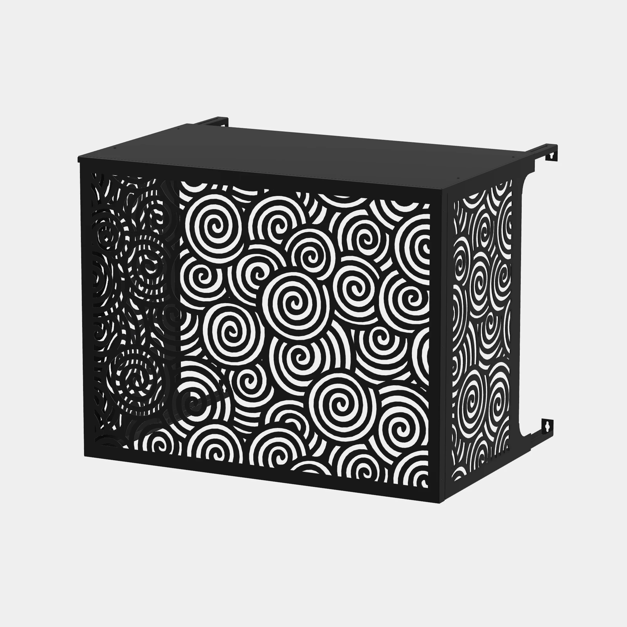 CACHE-CLIM-EXT-TATUMAKI-MUR-N-Vue nommée Cache climatiseur extérieur fixation murale au motif Tatsumaki. Finition noir profond.