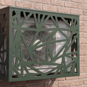 Eclat vue 1 Cache climatiseur extérieur, fixation murale au motif Eclat, finition vert mousse.