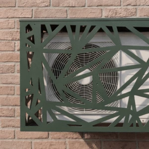Eclat vue 2 Cache climatiseur extérieur, fixation murale au motif Eclat, finition vert mousse.