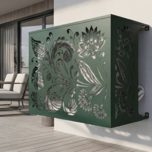 Cache climatiseur extérieur, fixation murale au motif Floralis. Finition vert mousse.