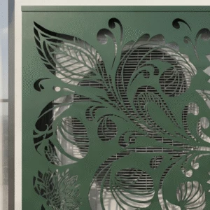 Cache climatiseur extérieur, fixation murale au motif Floralis, finition vert mousse.