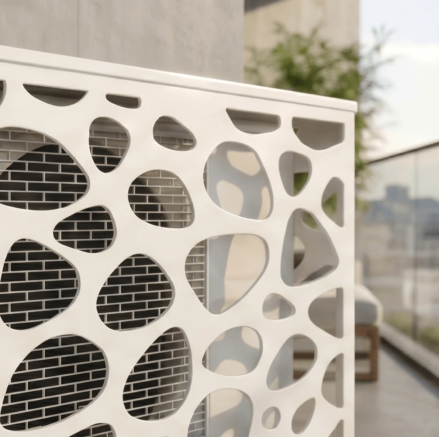 Cache climatiseur extérieur, fixation murale au motif Galeo, finition blanc pur.