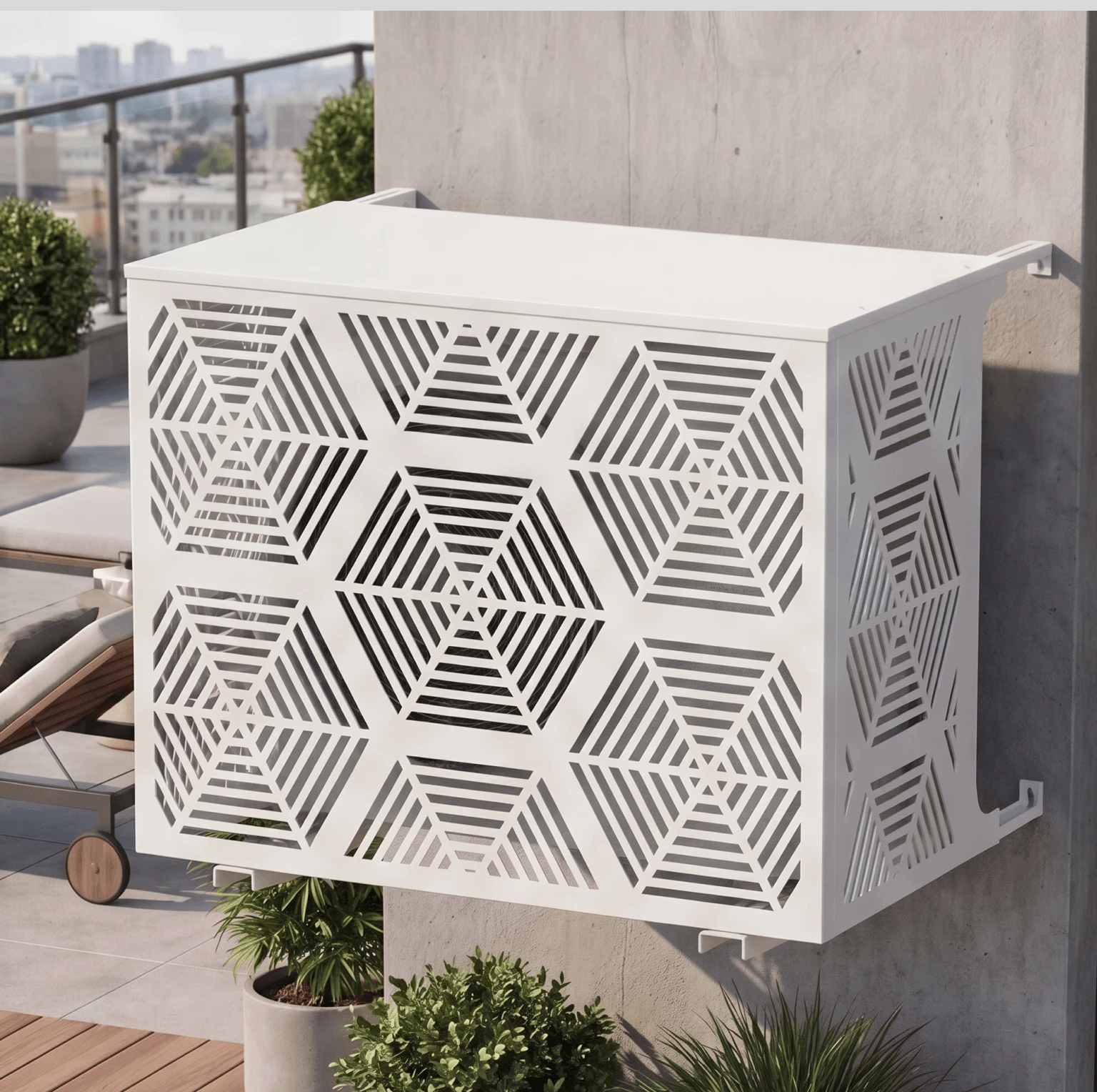 Cache climatiseur extérieur, fixation murale au motif Hexagone, finition blanc pur.