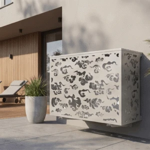 Cache climatiseur extérieur, fixation murale au motif Kumo, finition gris clair.
