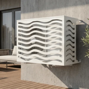 Onde vue 2 Cache climatiseur extérieur, fixation murale au motif Onde, finition blanc pur.