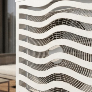 Onde vue 3 Cache climatiseur extérieur, fixation murale au motif Onde, finition blanc pur.