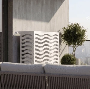 Onde vue 4 Cache climatiseur extérieur, fixation murale au motif Onde, finition blanc pur.