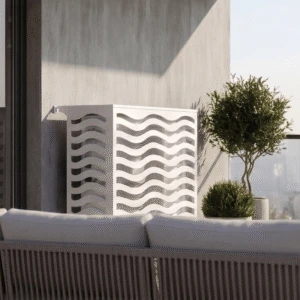 Onde vue 4 Cache climatiseur extérieur, fixation murale au motif Onde, finition blanc pur.