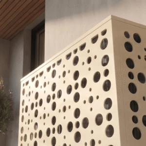 Orbia vue 1 Cache climatiseur extérieur, fixation murale au motif Orbia, finition ivoire.