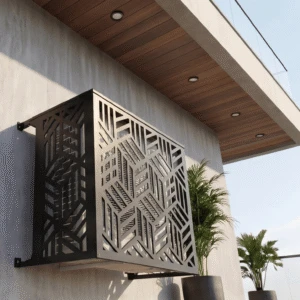 Origami vue 4 Cache climatiseur extérieur, fixation murale au motif Origami, finition noir profond.