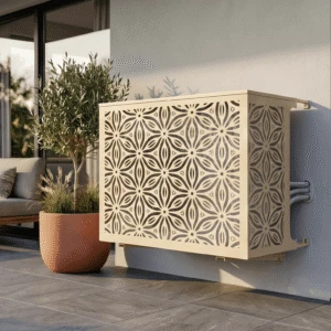 Riyah vue 1 Cache climatiseur extérieur, fixation murale au motif Riyah, finition ivoire.