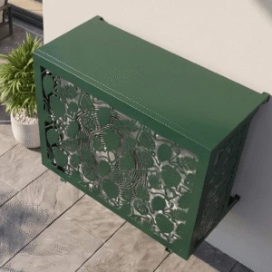 Tropik vue 3 Cache climatiseur extérieur, fixation murale au motif Tropik, finition vert mousse.