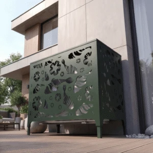 Cache climatiseur extérieur, fixation murale au motif Koi Sakura, finition vert mousse.