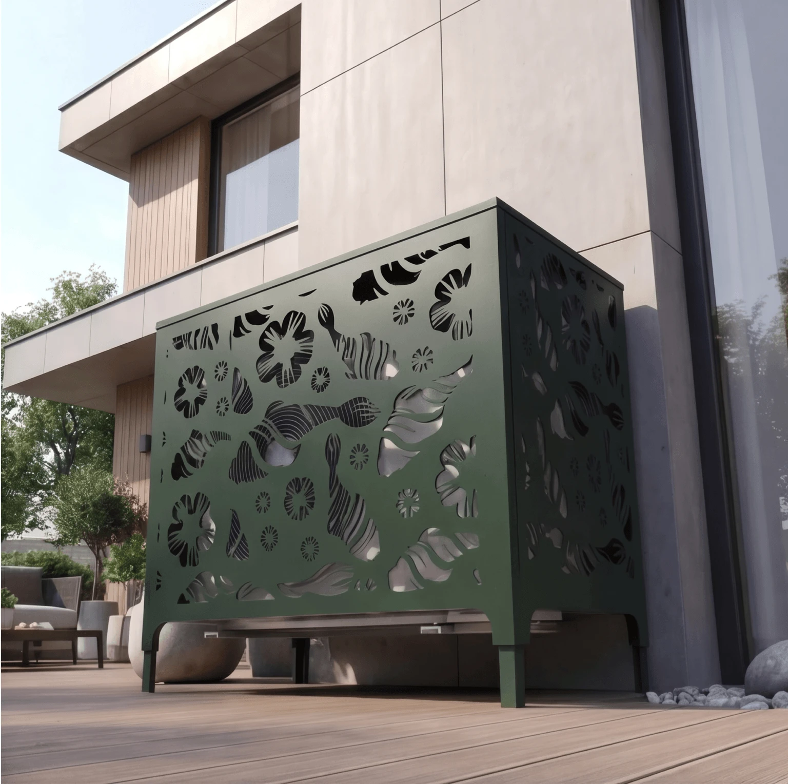 Cache climatiseur extérieur, fixation murale au motif Koi Sakura, finition vert mousse.