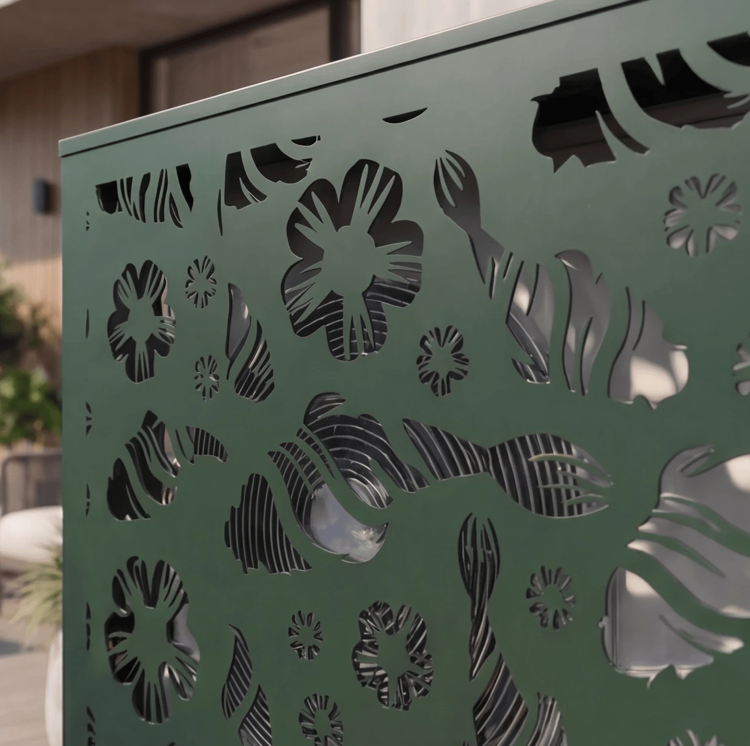 Cache climatiseur extérieur, fixation murale au motif Koi Sakura, finition vert mousse.