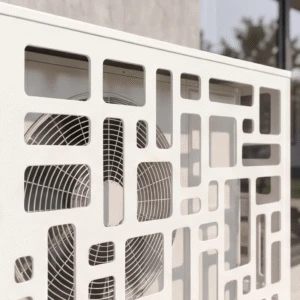 modulo sol 3 Cache climatiseur extérieur, fixation murale au motif Modulo, finition blanc pur.