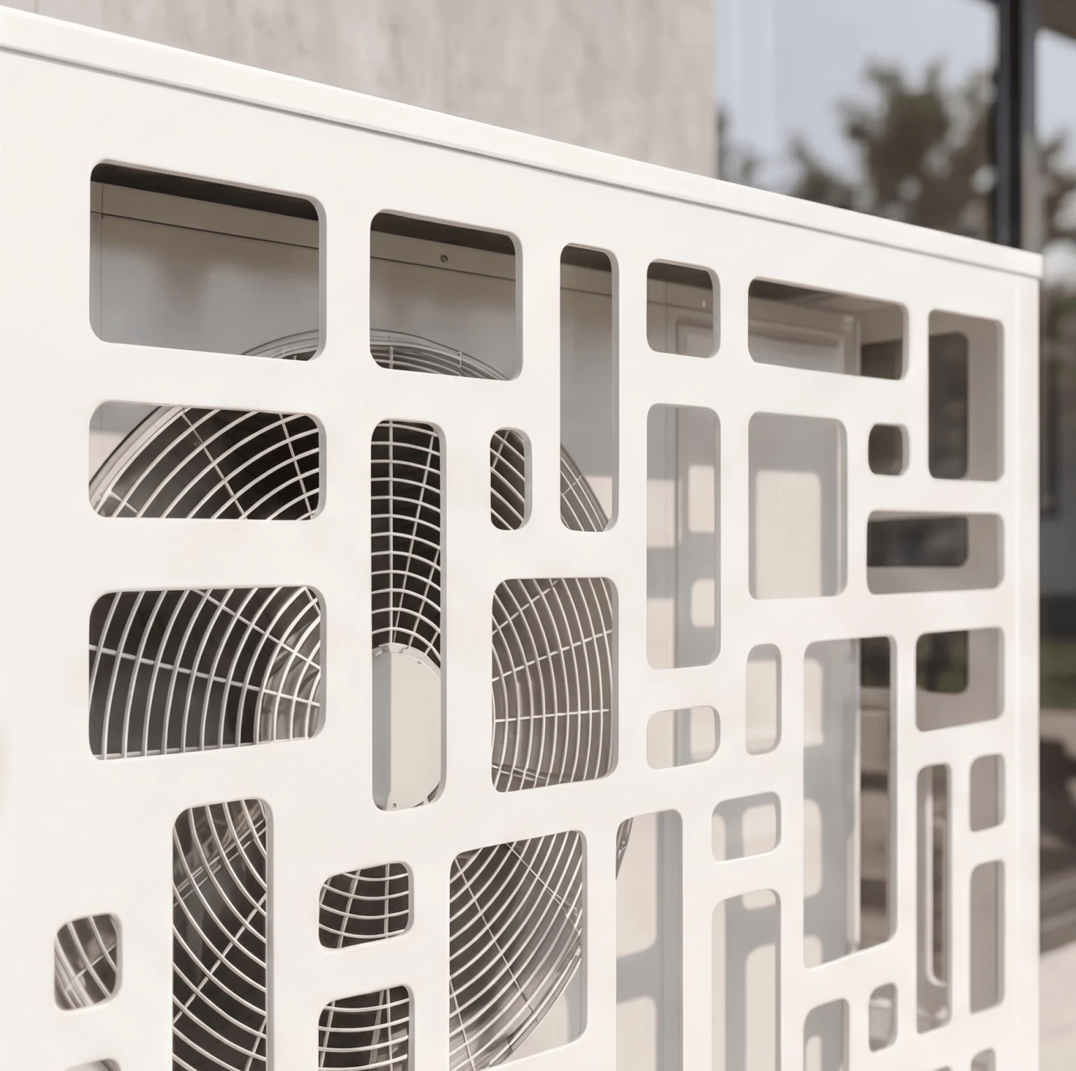 Cache climatiseur extérieur, fixation murale au motif Modulo, finition blanc pur.
