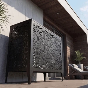 riyah sol 2 Cache climatiseur extérieur, fixation murale au motif Riyah, finition noir profond.