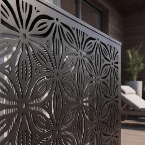 riyah sol 3 Cache climatiseur extérieur, fixation murale au motif Riyah, finition noir profond.