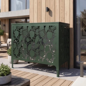 tropik sol 1 Cache climatiseur extérieur, fixation murale au motif Tropik, finition vert mousse.