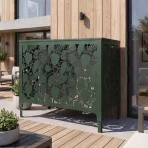 tropik sol 1 Cache climatiseur extérieur, fixation murale au motif Tropik, finition vert mousse.