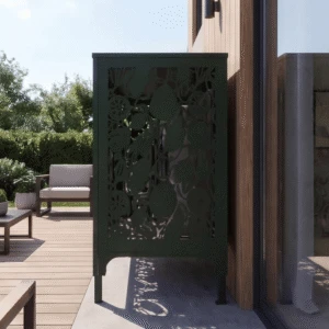 tropik sol 3 Cache climatiseur extérieur, fixation murale au motif Tropik, finition vert mousse.