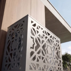 zelligue sol 3 Cache climatiseur extérieur, fixation murale au motif Zelligue, finition Gris aluminium.