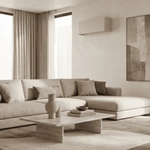 cache-clim-intérieur-blanc Salon moderne avec canapé beige.