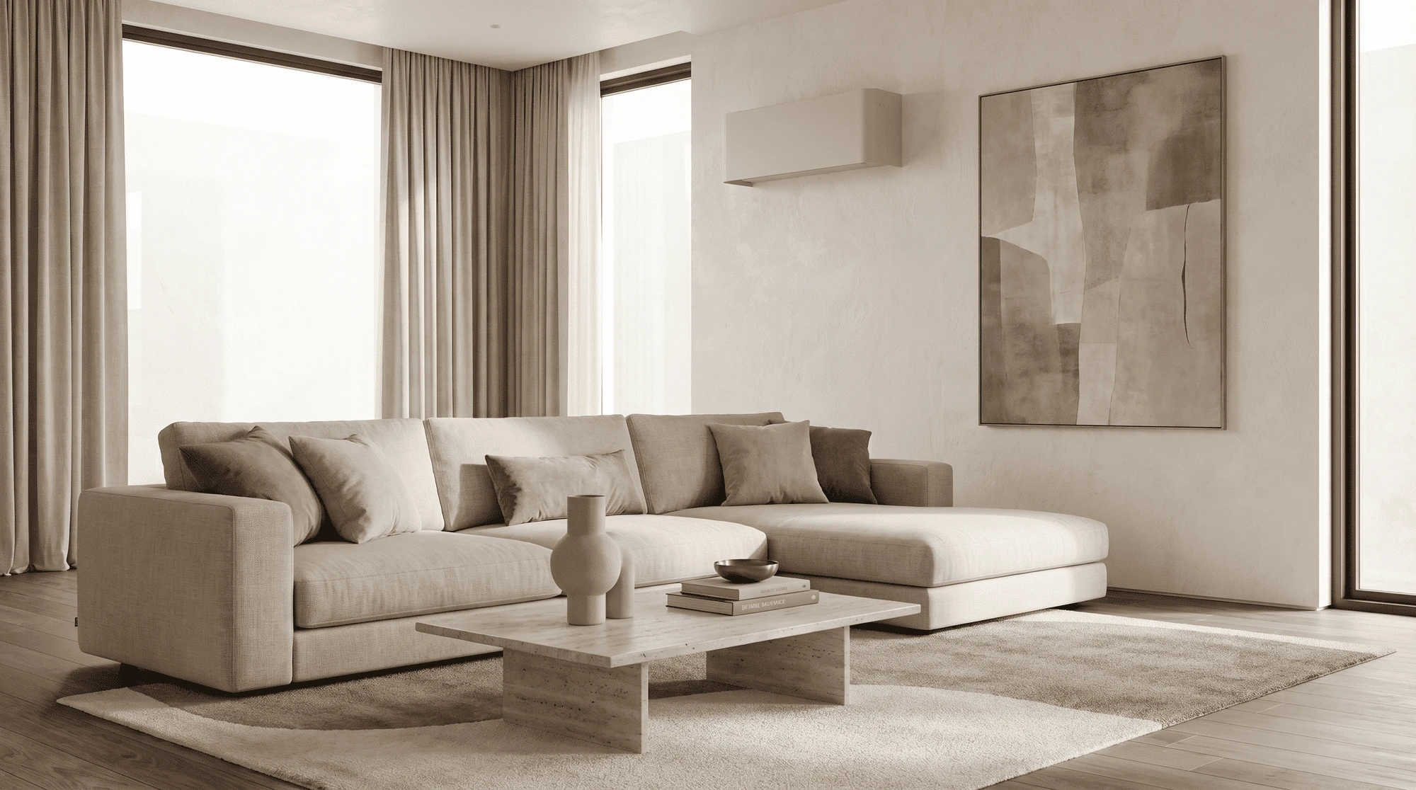 Salon moderne avec canapé beige.